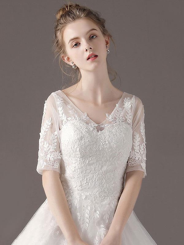 Half Sleeve Princess Ball Gown Ivory V Neck Lace Beaded Bridal Dress