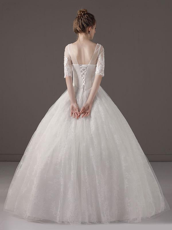 Half Sleeve Princess Ball Gown Ivory V Neck Lace Beaded Bridal Dress