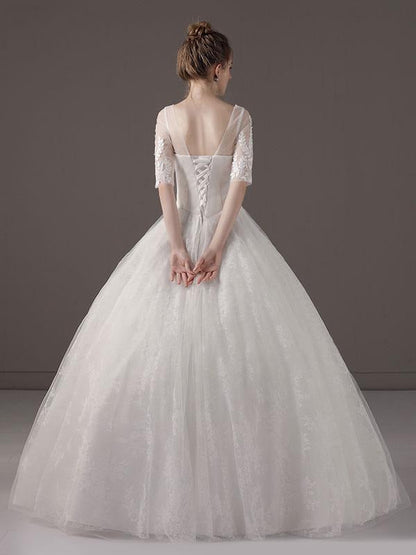 Half Sleeve Princess Ball Gown Ivory V Neck Lace Beaded Bridal Dress
