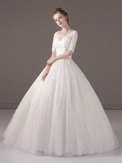 Half Sleeve Princess Ball Gown Ivory V Neck Lace Beaded Bridal Dress