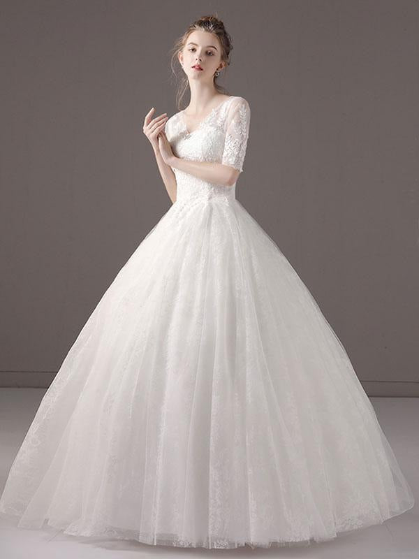 Half Sleeve Princess Ball Gown Ivory V Neck Lace Beaded Bridal Dress