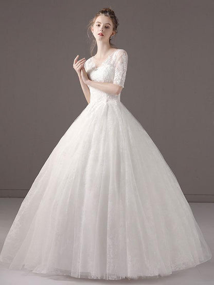 Half Sleeve Princess Ball Gown Ivory V Neck Lace Beaded Bridal Dress