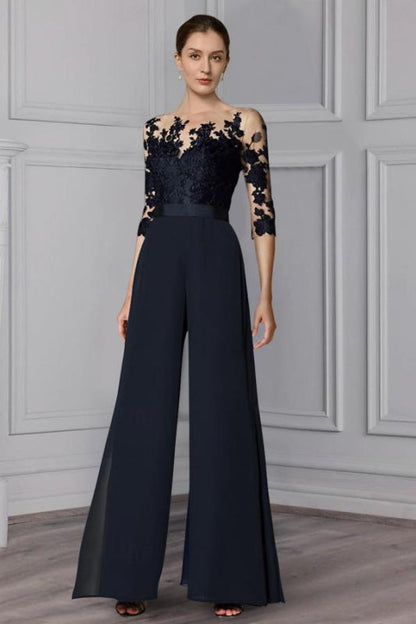 Half Sleeves Chiffon Mother of Bride Jumpsuit with Appliques
