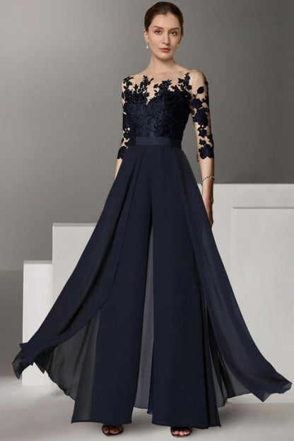 Half Sleeves Chiffon Mother of Bride Jumpsuit with Appliques