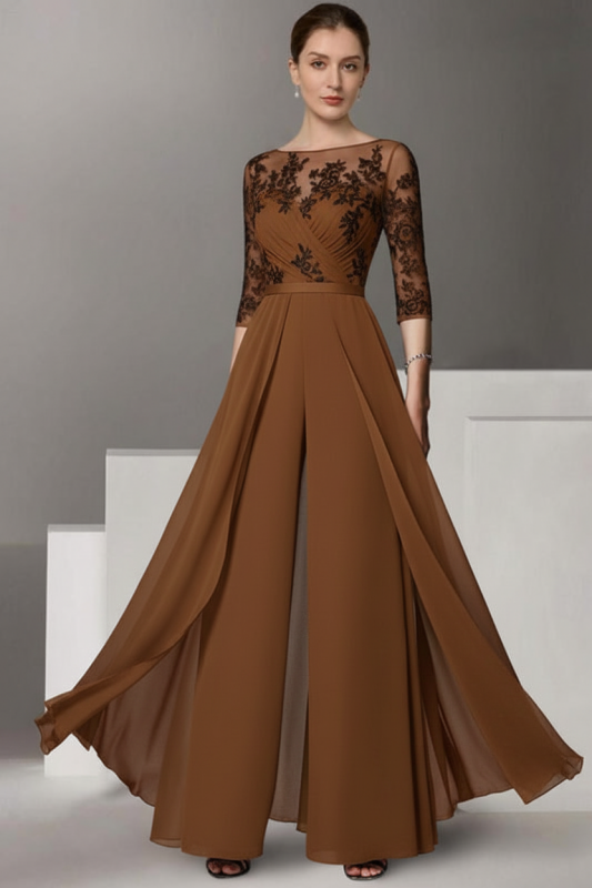Half Sleeves Chiffon Mother of Bride Jumpsuit with Appliques