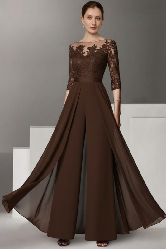 Half Sleeves Chiffon Mother of Bride Jumpsuit with Appliques
