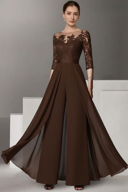 Half Sleeves Chiffon Mother of Bride Jumpsuit with Appliques