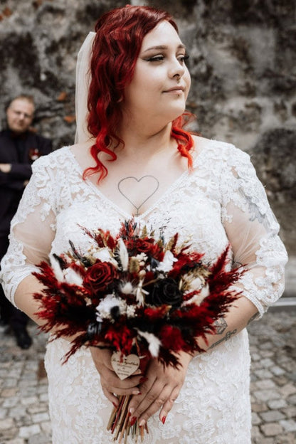 Half Sleeves Mermaid Wedding Dress Plus Size V-neck Tulle Lace Bridal Gown
