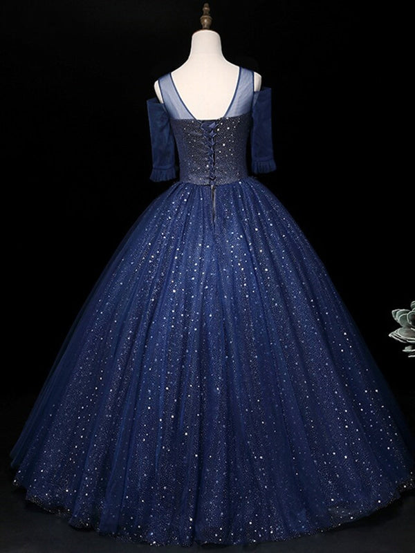 Half Sleeves Round Neck Navy Blue Beaded Long Prom Dresses, Shiny Beaded Navy Blue Formal Evening Dresses, Navy Blue Ball Gown