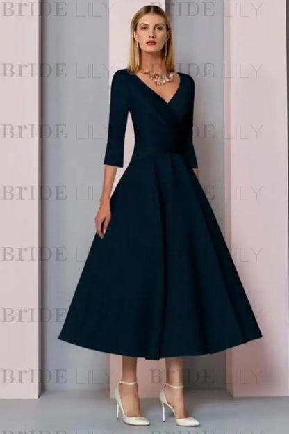 Half Sleeves Satin Wedding Guest Dress Ankle Length Mother of the Bride Dress
