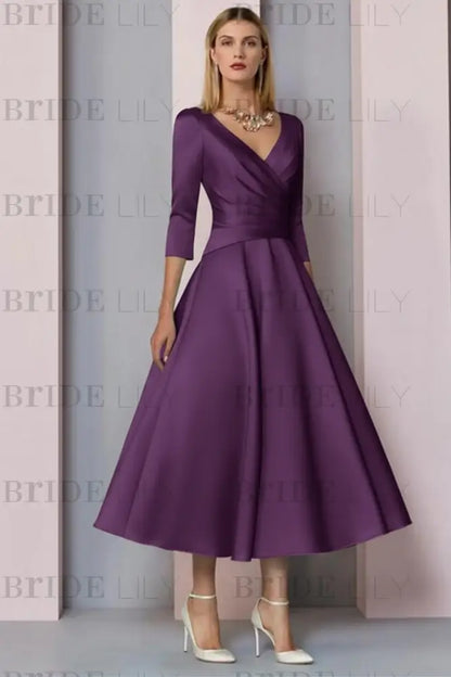 Half Sleeves Satin Wedding Guest Dress Ankle Length Mother of the Bride Dress