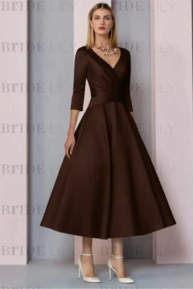 Half Sleeves Satin Wedding Guest Dress Ankle Length Mother of the Bride Dress