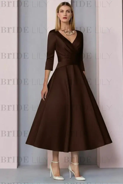 Half Sleeves Satin Wedding Guest Dress Ankle Length Mother of the Bride Dress