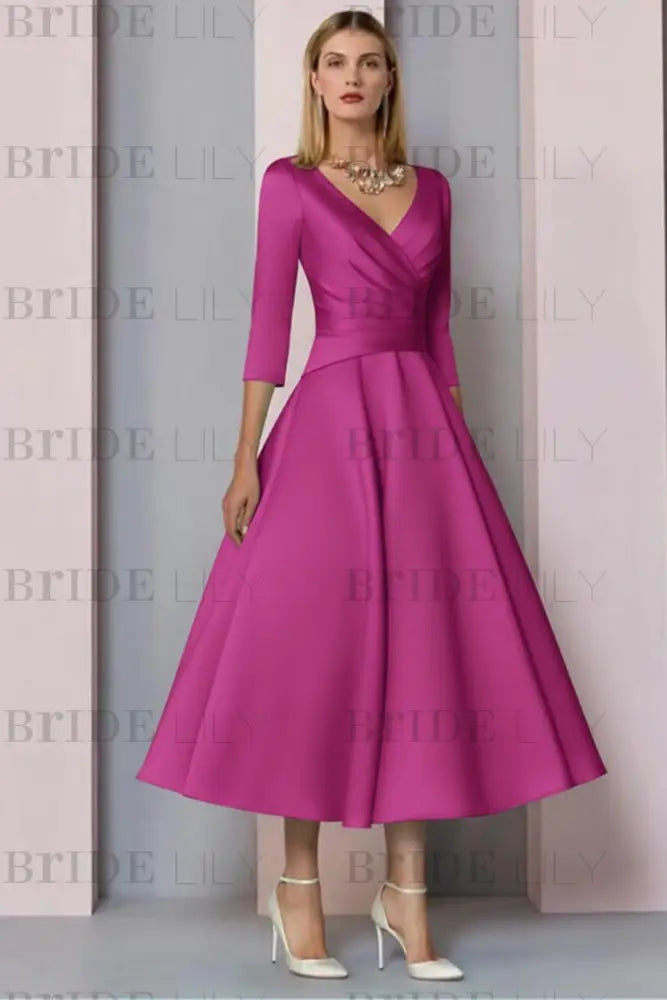 Half Sleeves Satin Wedding Guest Dress Ankle Length Mother of the Bride Dress