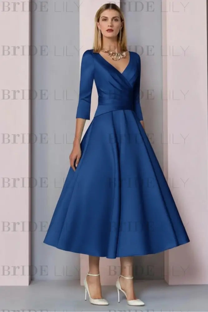 Half Sleeves Satin Wedding Guest Dress Ankle Length Mother of the Bride Dress