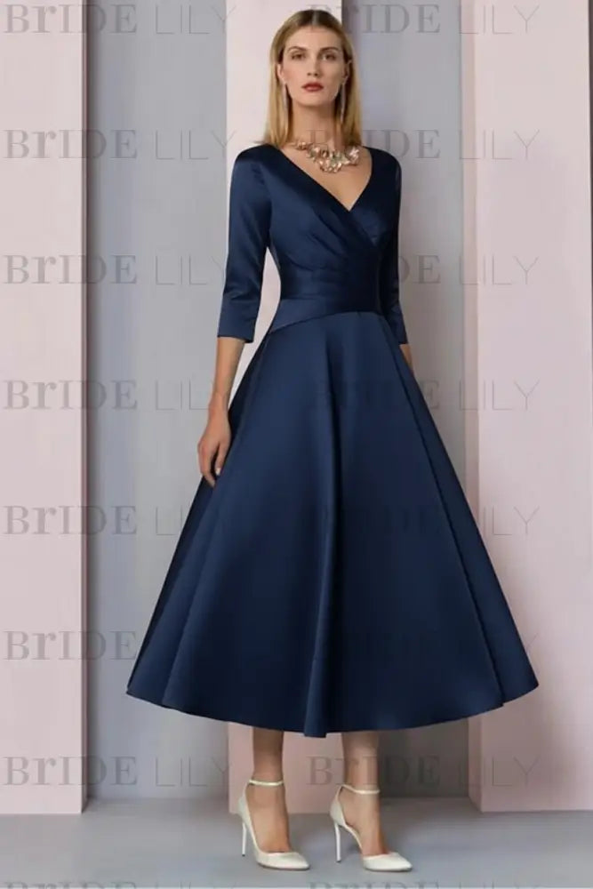 Half Sleeves Satin Wedding Guest Dress Ankle Length Mother of the Bride Dress