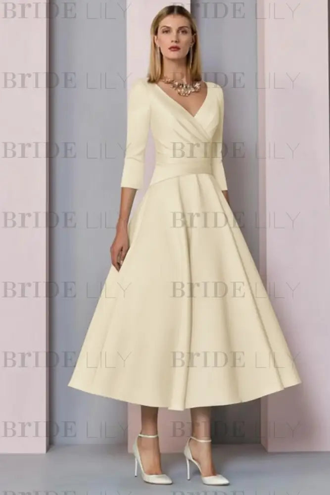 Half Sleeves Satin Wedding Guest Dress Ankle Length Mother of the Bride Dress