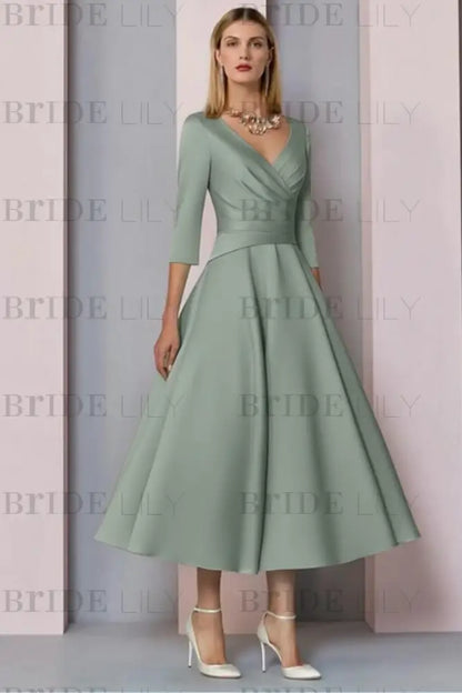 Half Sleeves Satin Wedding Guest Dress Ankle Length Mother of the Bride Dress