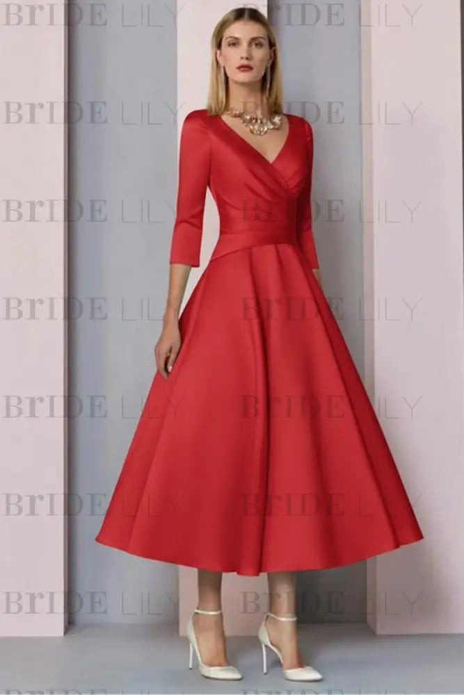 Half Sleeves Satin Wedding Guest Dress Ankle Length Mother of the Bride Dress