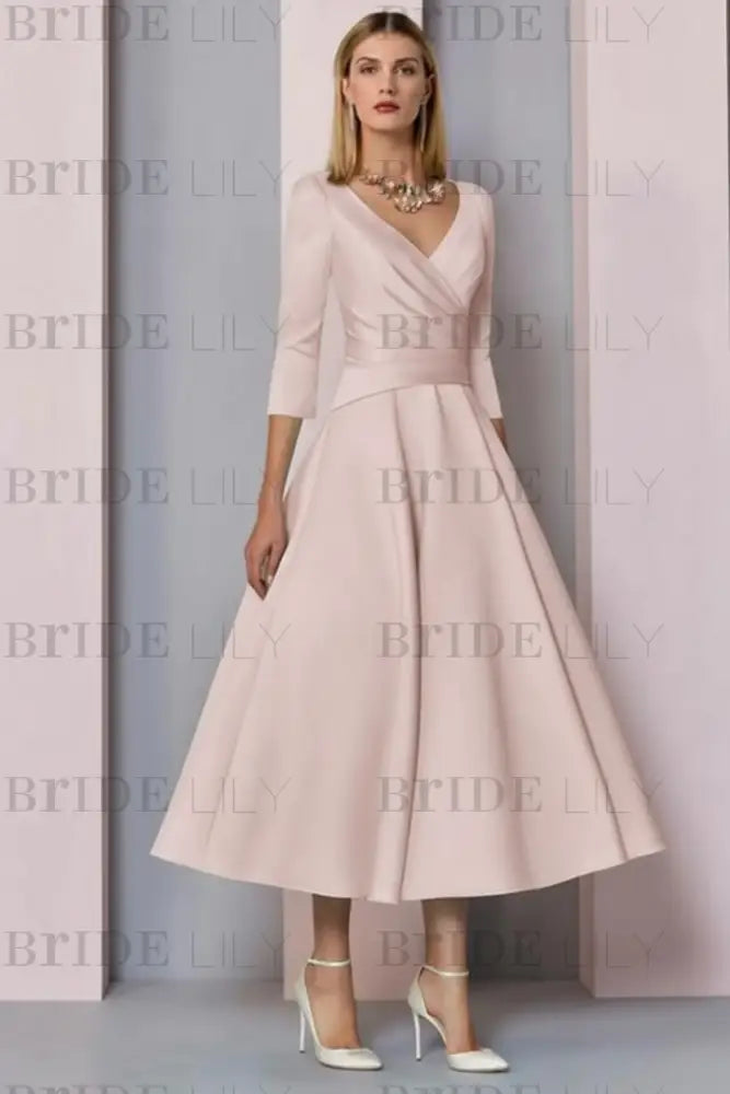 Half Sleeves Satin Wedding Guest Dress Ankle Length Mother of the Bride Dress