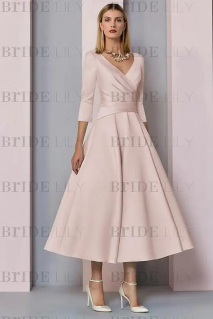 Half Sleeves Satin Wedding Guest Dress Ankle Length Mother of the Bride Dress