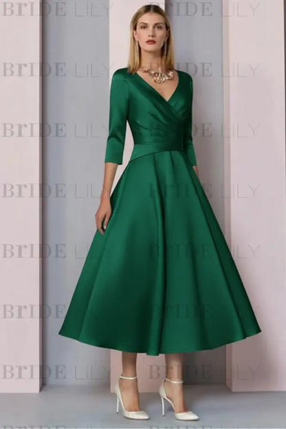 Half Sleeves Satin Wedding Guest Dress Ankle Length Mother of the Bride Dress