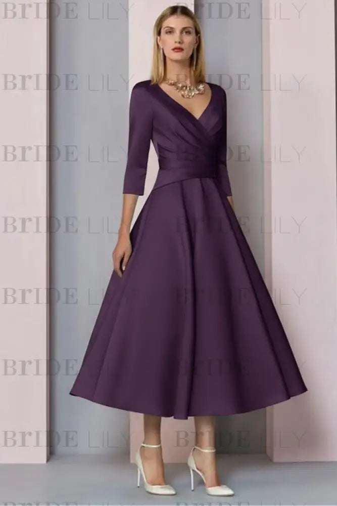 Half Sleeves Satin Wedding Guest Dress Ankle Length Mother of the Bride Dress