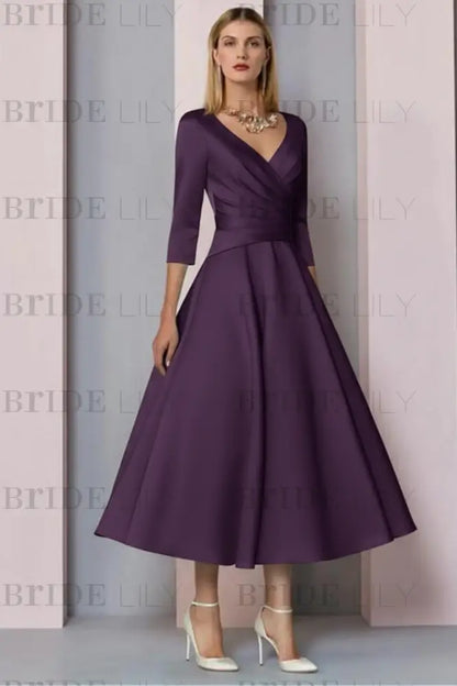 Half Sleeves Satin Wedding Guest Dress Ankle Length Mother of the Bride Dress