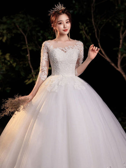 Half Sleeves Simple Wedding Dress White Jewel Neck Appliques Ball Gown
