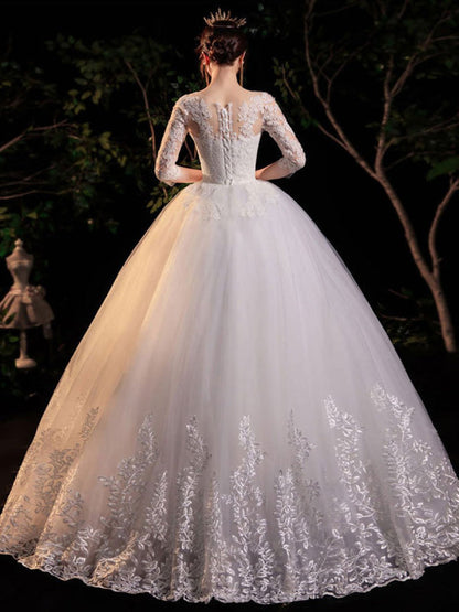 Half Sleeves Simple Wedding Dress White Jewel Neck Appliques Ball Gown