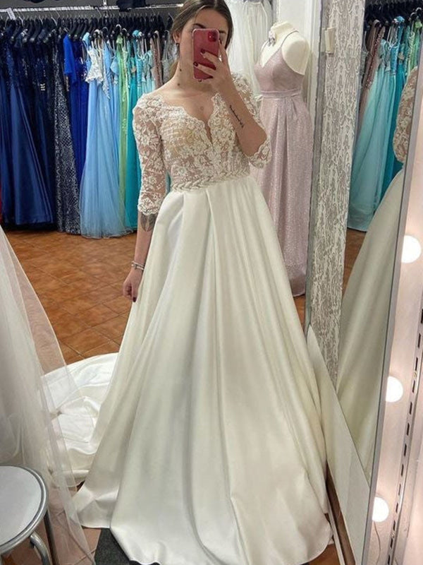 Half Sleeves V Neck Ivory Lace Aline Wedding Dresses
