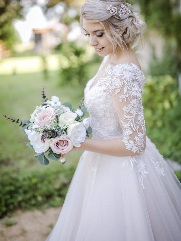 Half Sleeves V Neck White Aline Wedding Dresses Tulle Lace Long Bridal Dress