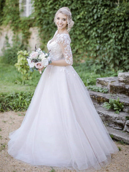 Half Sleeves V Neck White Aline Wedding Dresses Tulle Lace Long Bridal Dress