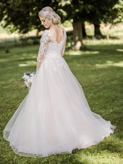 Half Sleeves V Neck White Aline Wedding Dresses Tulle Lace Long Bridal Dress