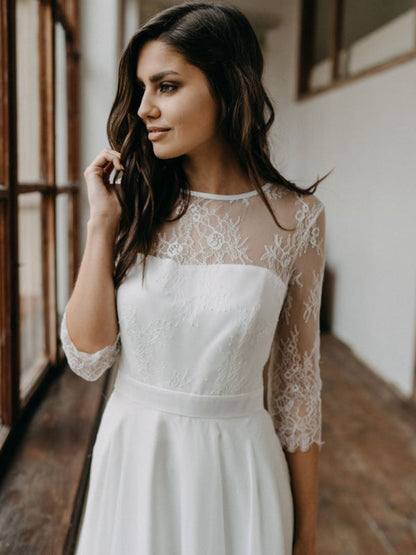 Half Sleeves White Simple Wedding Dress Lace Jewel Neck Backless A-Line Lace Chiffon Long Bridal Gowns