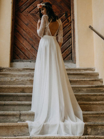 Half Sleeves White Simple Wedding Dress Lace Jewel Neck Backless A-Line Lace Chiffon Long Bridal Gowns