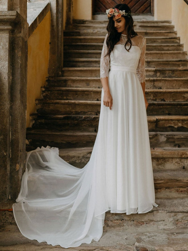 Half Sleeves White Simple Wedding Dress Lace Jewel Neck Backless A-Line Lace Chiffon Long Bridal Gowns