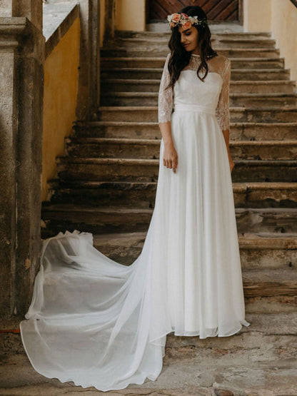 Half Sleeves White Simple Wedding Dress Lace Jewel Neck Backless A-Line Lace Chiffon Long Bridal Gowns