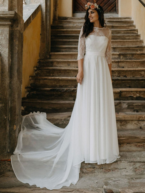 Half Sleeves White Simple Wedding Dress Lace Jewel Neck Backless A-Line Lace Chiffon Long Bridal Gowns