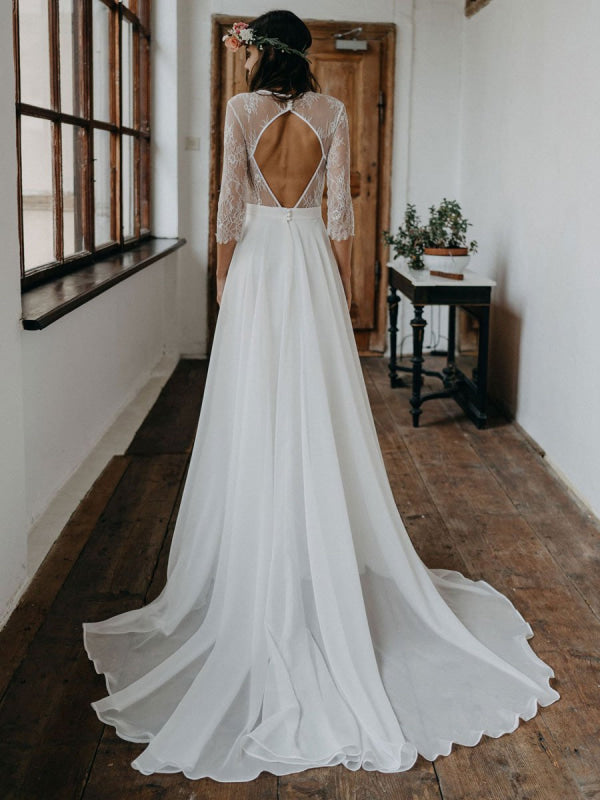 Half Sleeves White Simple Wedding Dress Lace Jewel Neck Backless A-Line Lace Chiffon Long Bridal Gowns