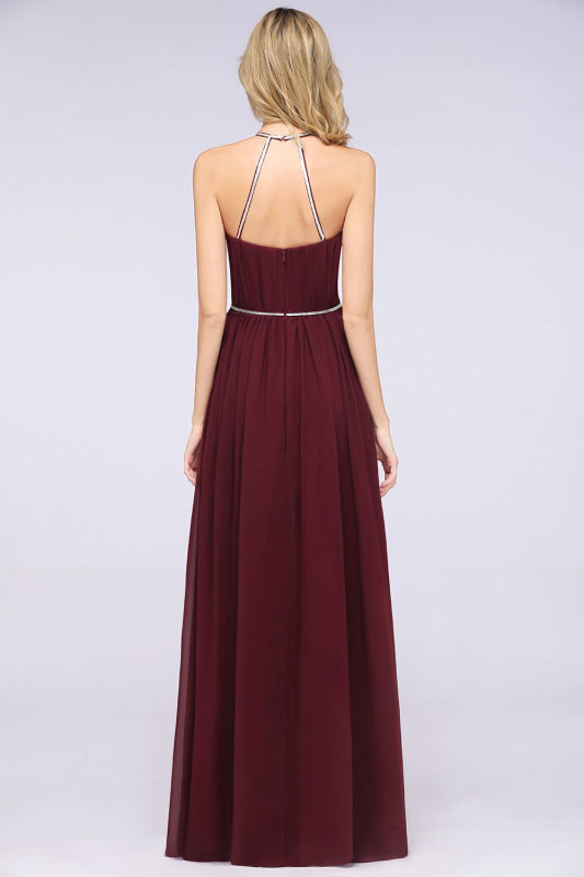 Halter Burgundy Bridesmaid Dress Long with Beadings