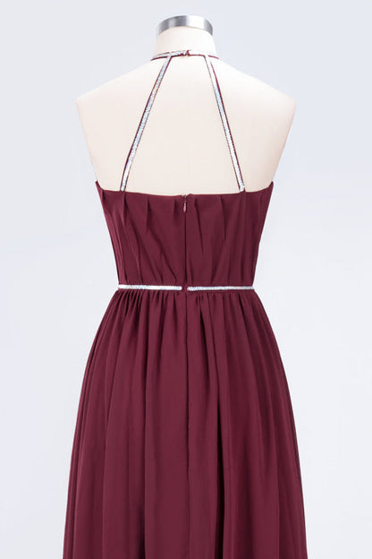 Halter Burgundy Bridesmaid Dress Long with Beadings