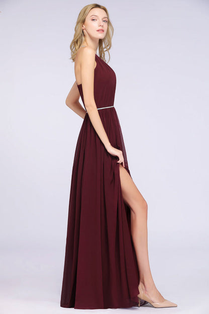Halter Burgundy Bridesmaid Dress Long with Beadings