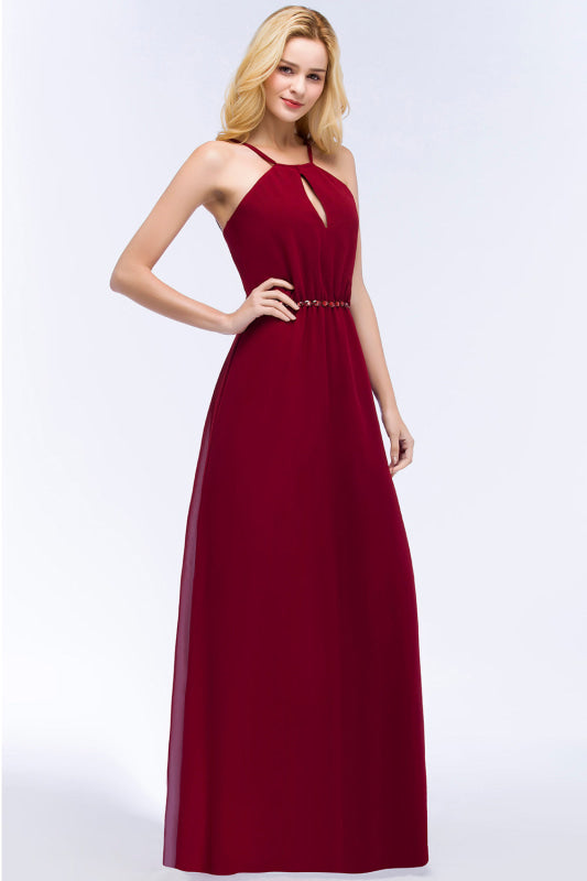 Halter Chiffon Burgundy A-line Wedding Guest Dress