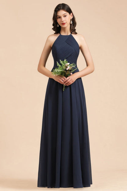 Halter Pleated Chiffon Bridesmaid Dress Aline Floor Length Wedding Guest Dress