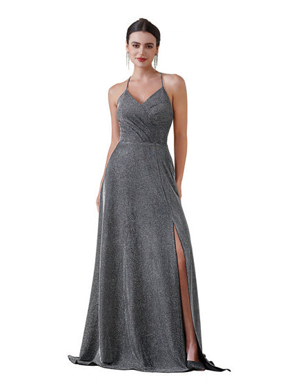 Halter Prom Dress with High Slit Sleeveless Pleated Glitter V-neck Party Dress with Pocket