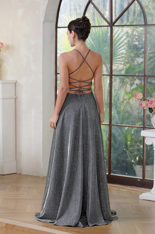 Halter Prom Dress with High Slit Sleeveless Pleated Glitter V-neck Party Dress with Pocket