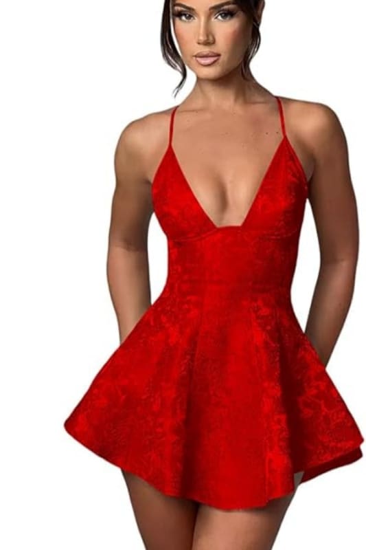 Halter Satin Mini Party Dress Ruffle Jacquard Homecoming Dress with Cross Straps
