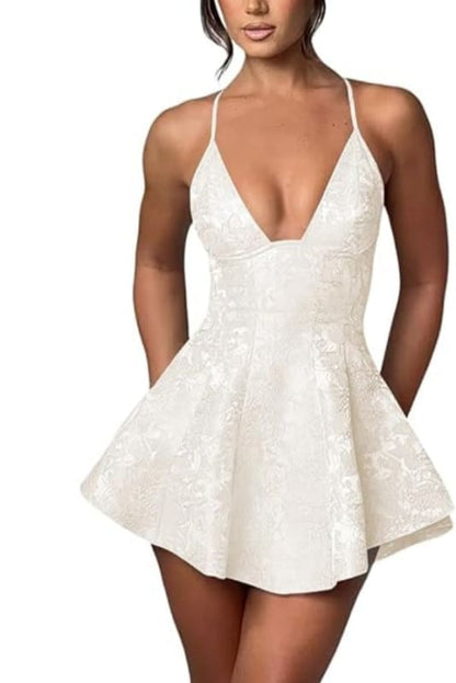 Halter Satin Mini Party Dress Ruffle Jacquard Homecoming Dress with Cross Straps