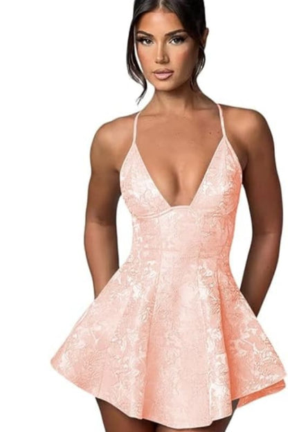 Halter Satin Mini Party Dress Ruffle Jacquard Homecoming Dress with Cross Straps
